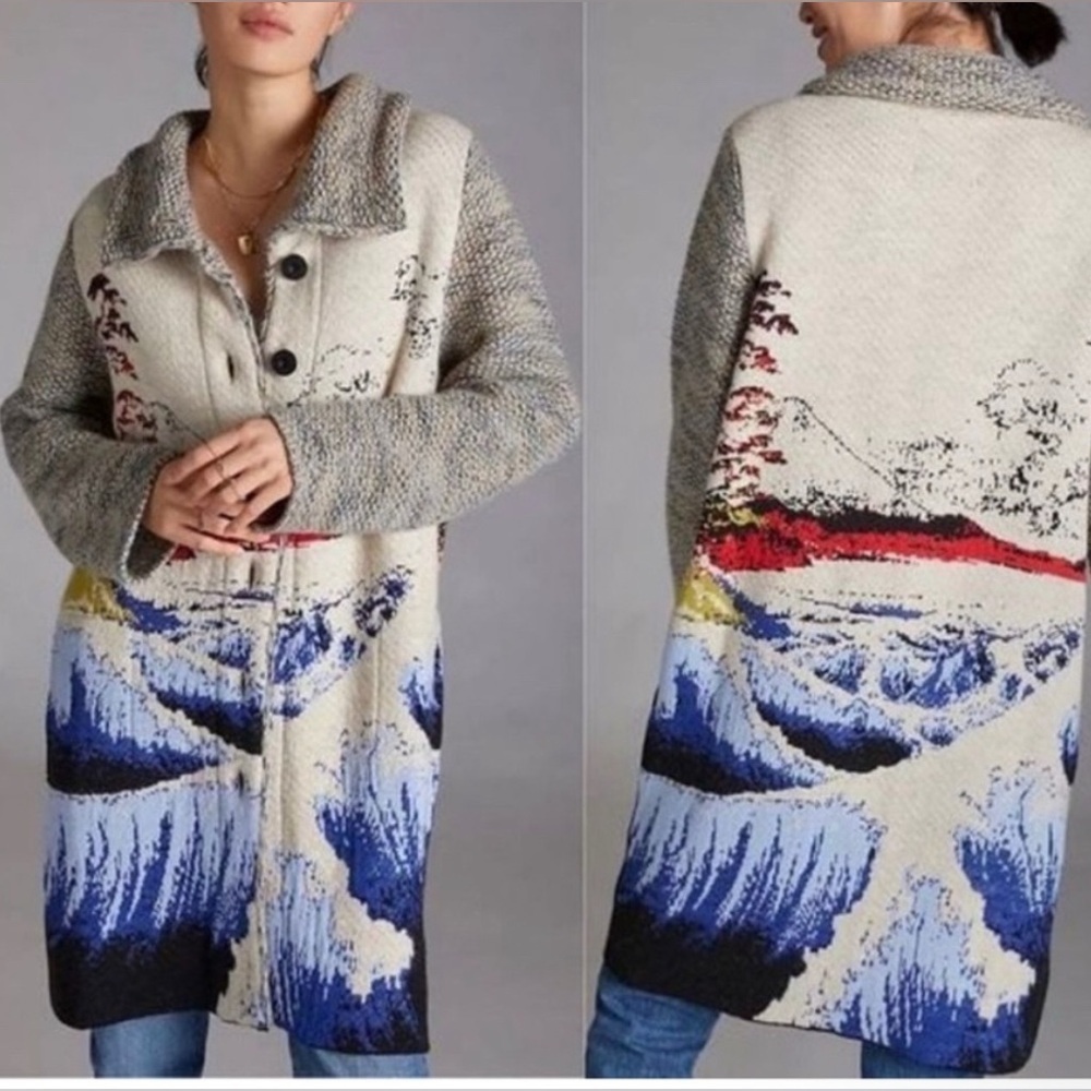 ALDOMARTINS Anthropologie ocean wave funnel neck cardigan sweater